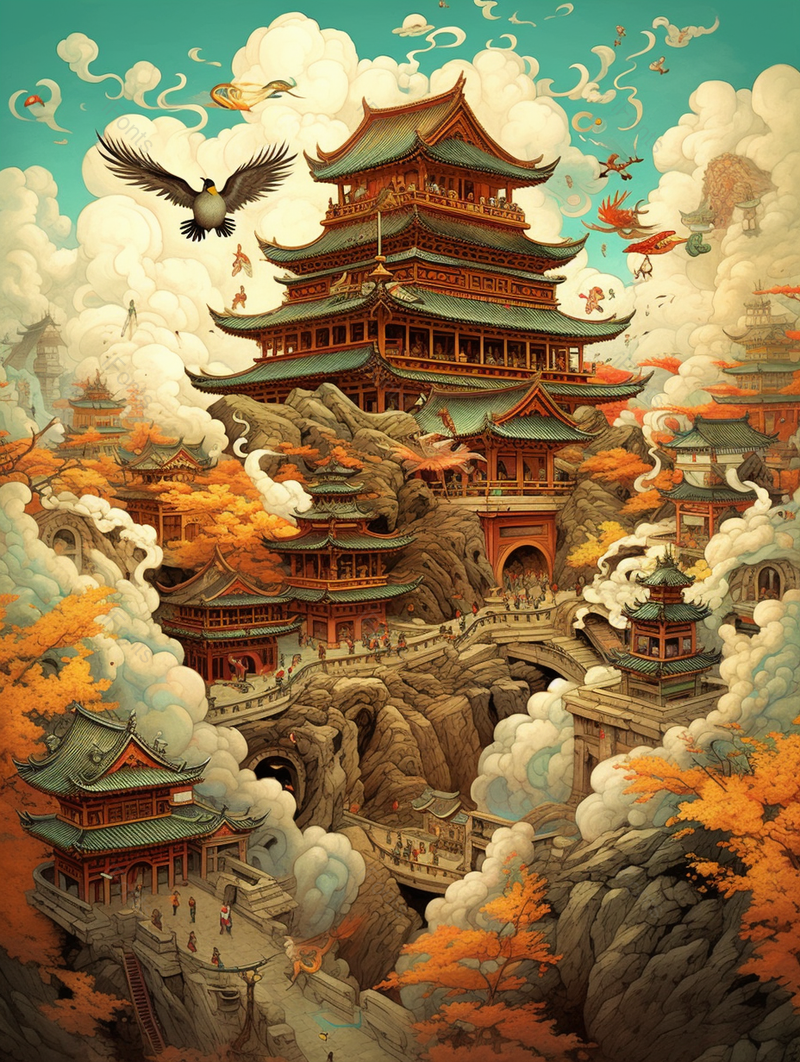红色的古代中国风建筑古典插画背景,插画/手绘图,插画/手绘图库,插画/手绘图下载,插画/手绘